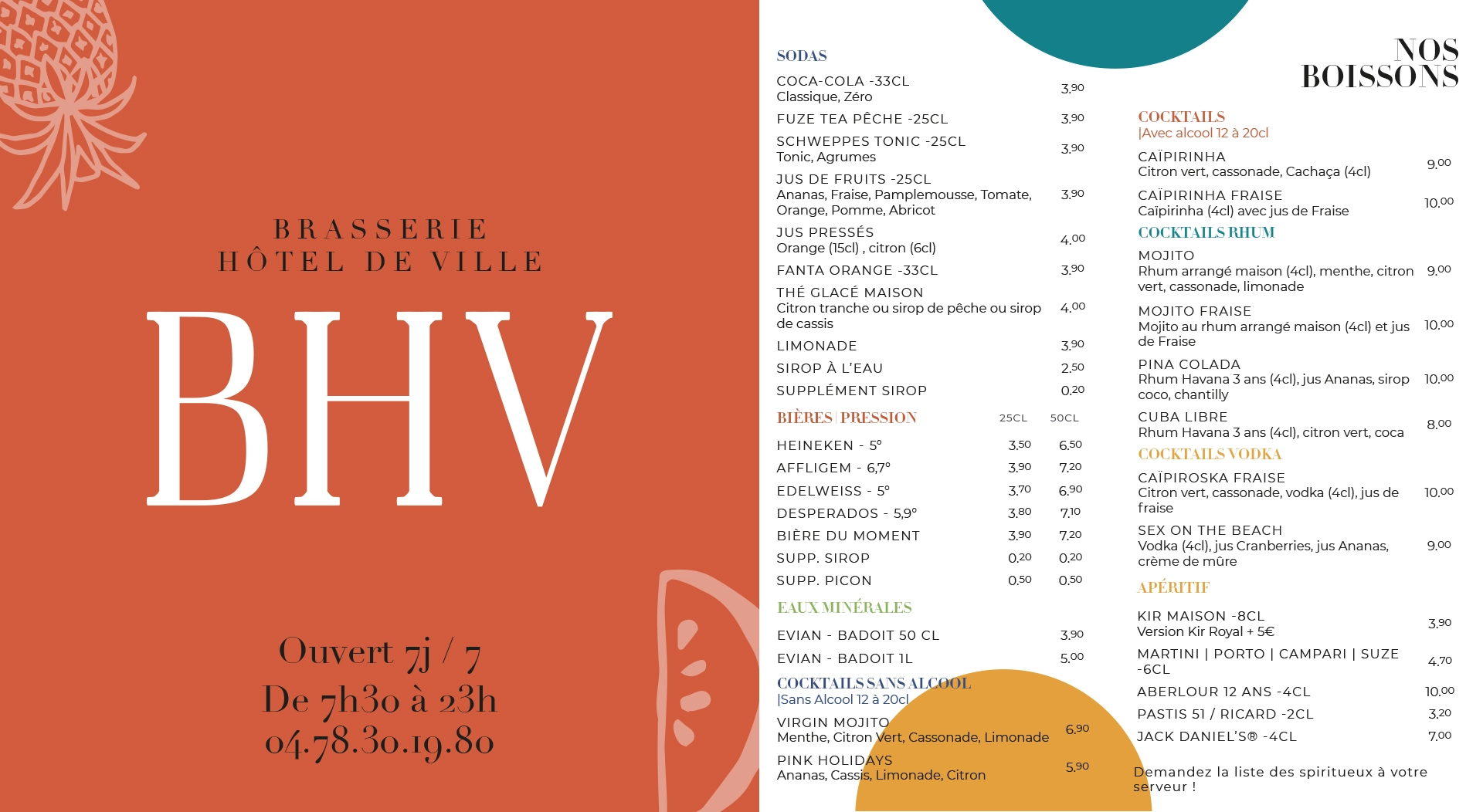 Page de couverture et dos d'une carte de restaurant