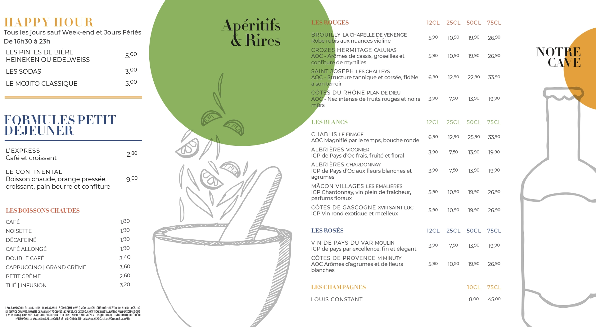 Page de couverture et dos d'une carte de restaurant