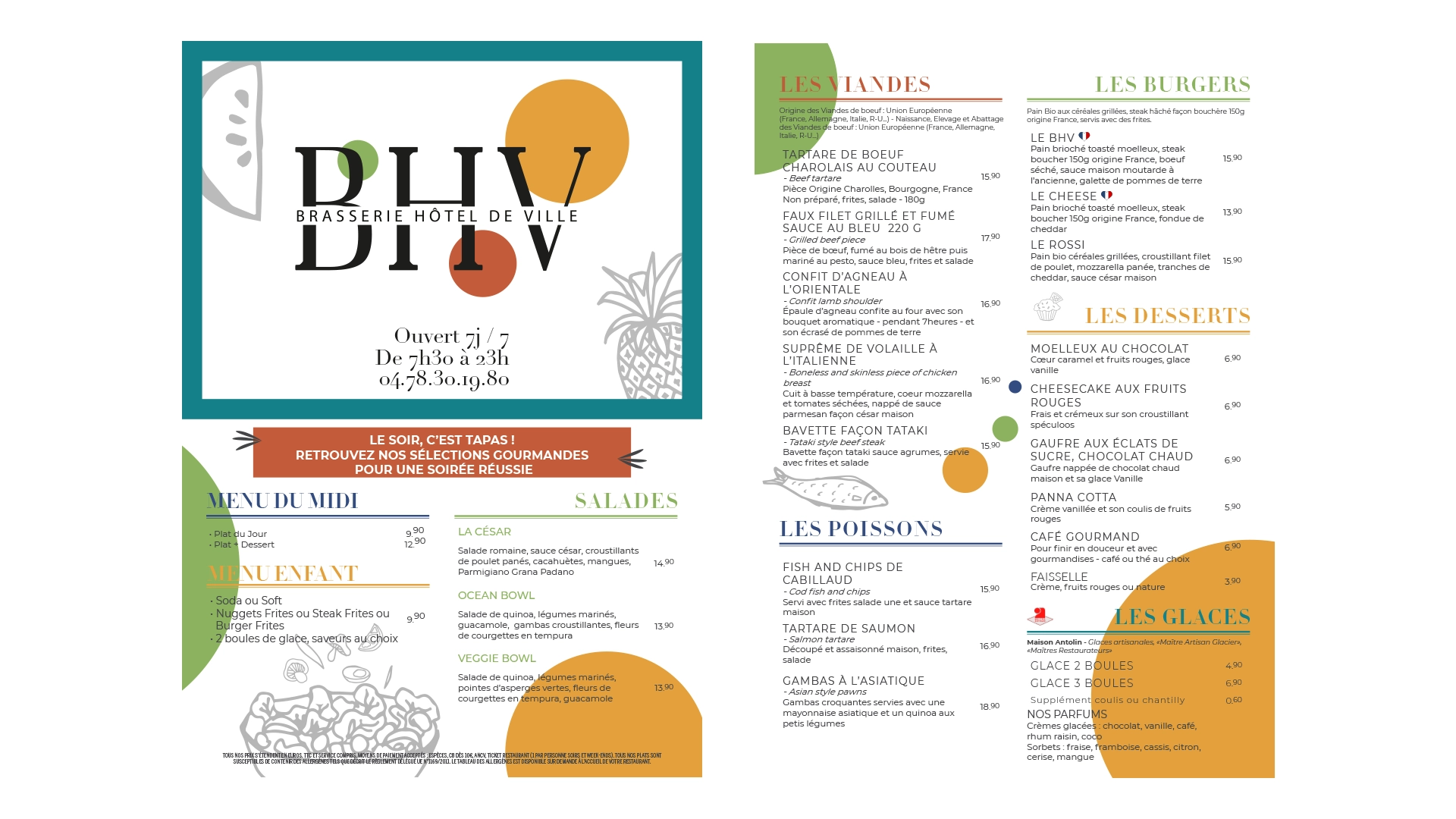 Un menu de restant, le recto et le verso sur des feuilles A4. des ronds de couleur qui apportent du dynamisme.