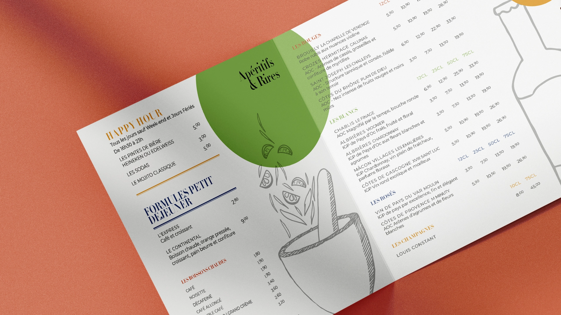 Carte de restaurant ouvert en deux sur fond brique. La carte est blanche, écrite noir et avec des couleurs, des petits dessins en crayon sont visibles