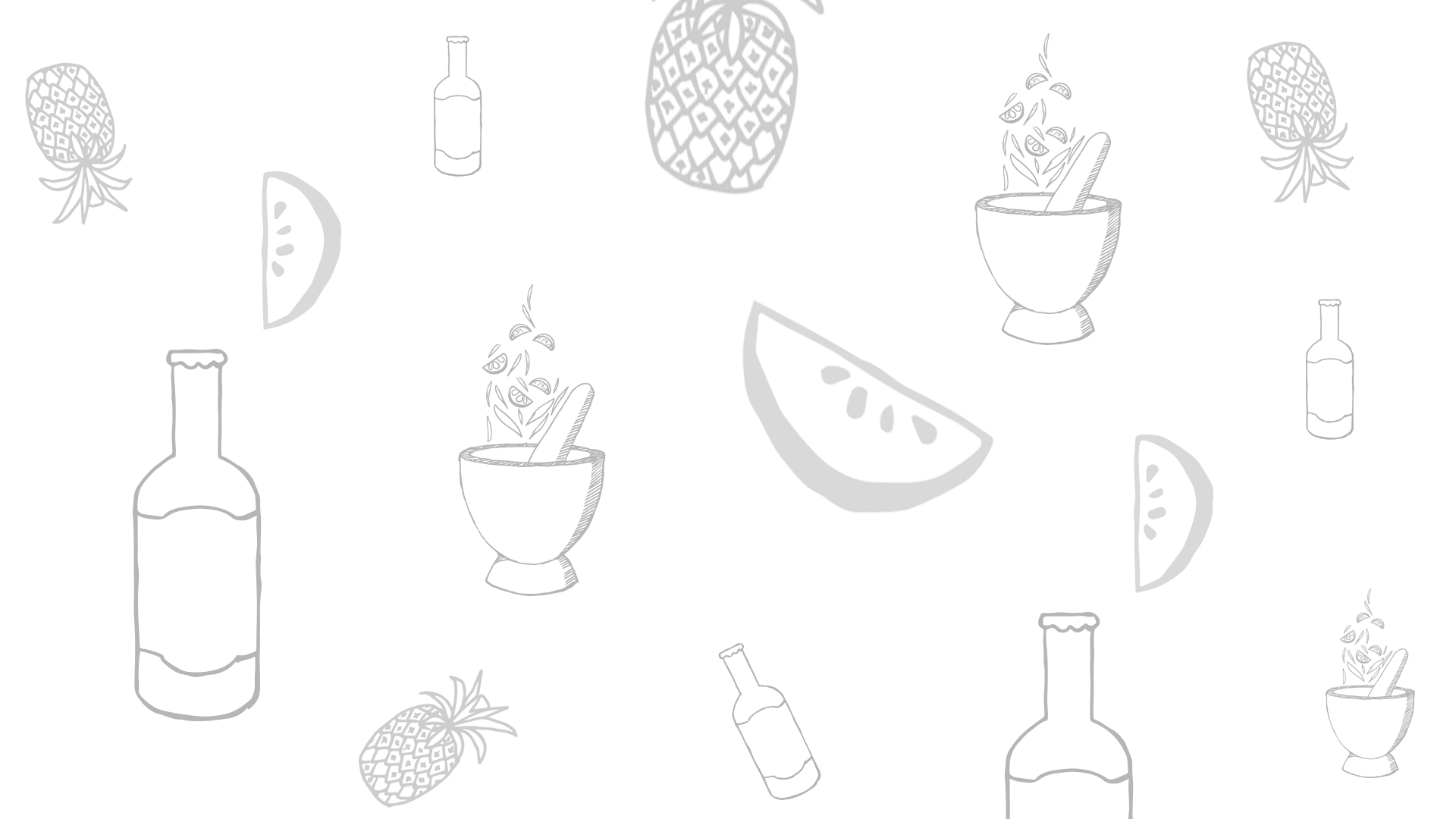 Un pattern avec un ananas, une tranche de fruits, un pilon de mojito, une bouteille, dessiné au crayon en gris sur fond blanc. Motif répété