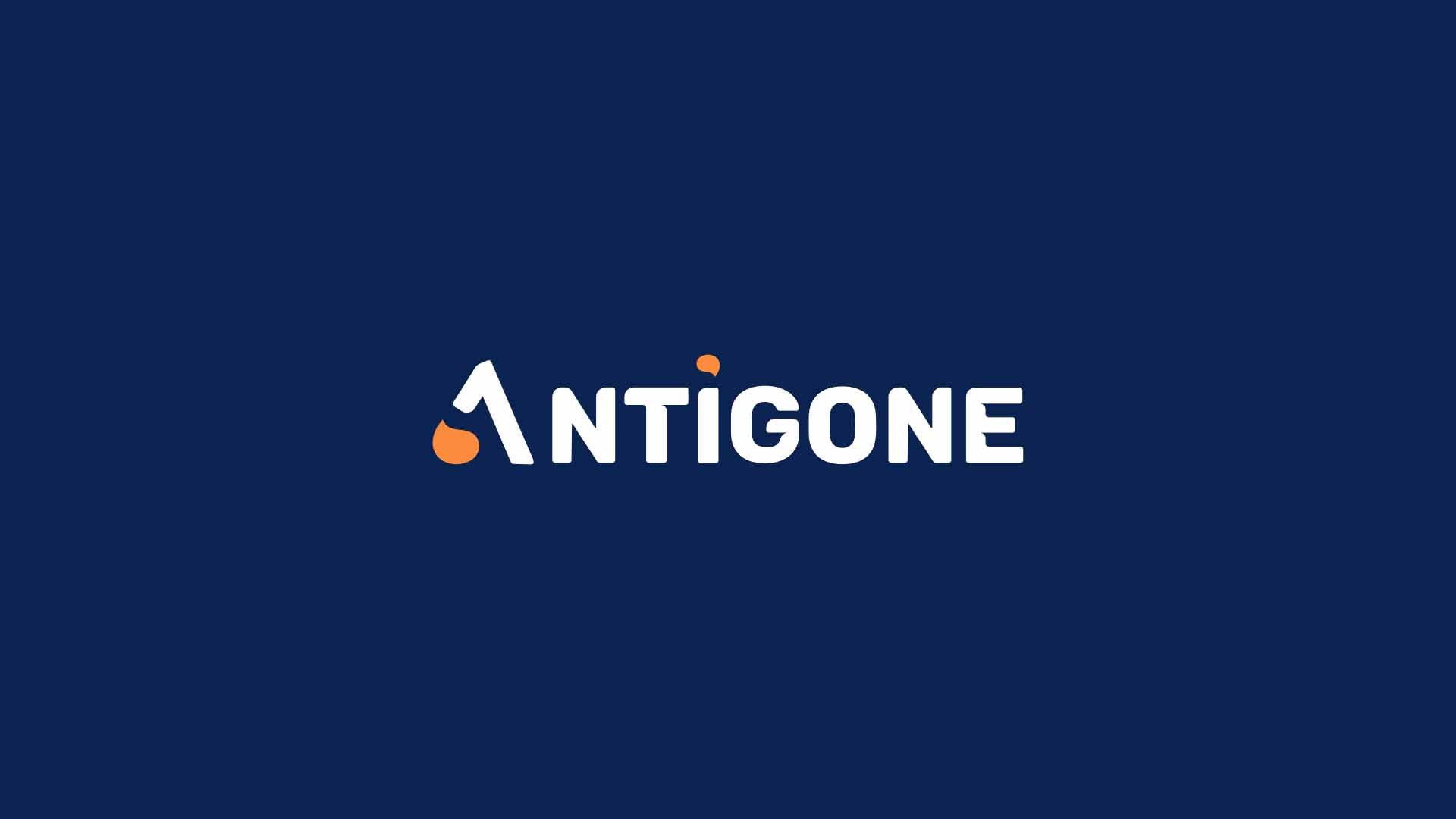 Logo Antigone entier sur fond bleu avec les bulles orange