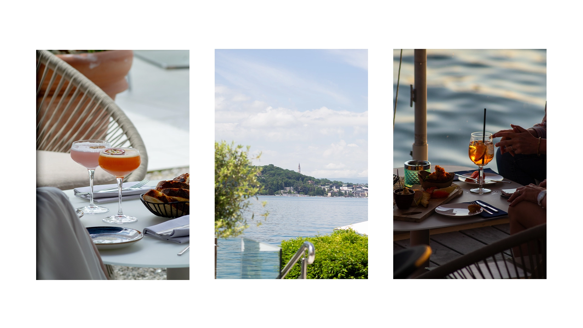 3 photographies, une avec des cocktails, une avec une vue sur la basilique d'Annecy, Une avec une table d'apéritif et un spritz