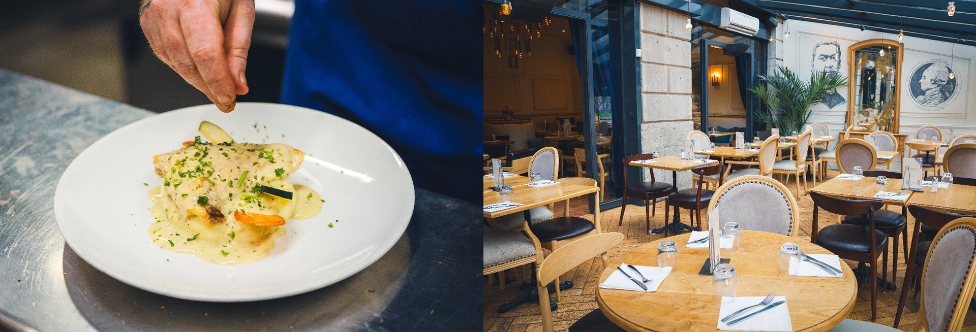 Photos à gauche d'un poisson réalisé par le chef. Photo de droite l'intérieur du restaurant avec une table dressée pour 4 personnes en premier plan