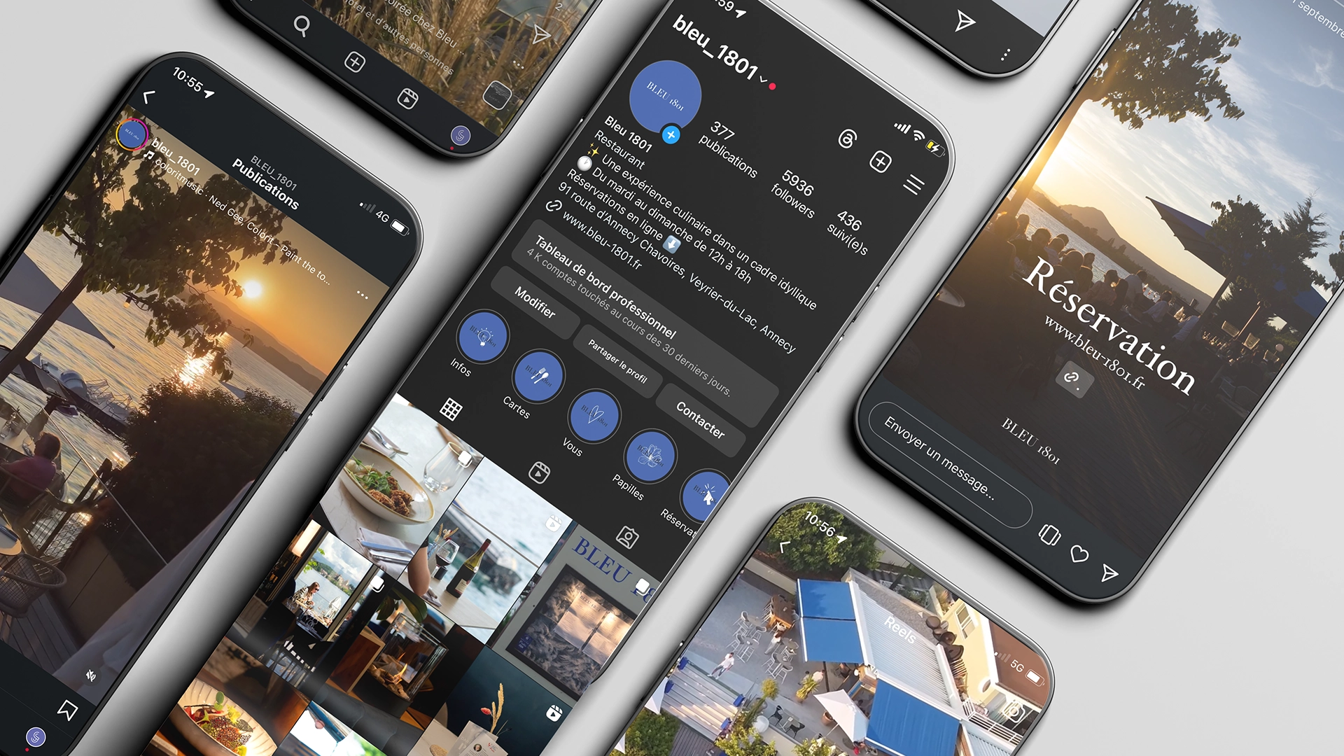 Des écrans du profil instagram de bleu 1801, 5 écrans diffférents pour montrer le travail de social media manager et community manager